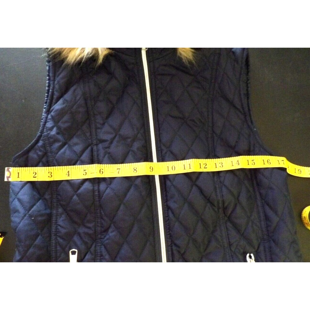 Black Rivet Navy Blue GIII Puffer Quilted Vest Faux Fur Trimmed Hood Sm Pockets - Picture 15 of 16